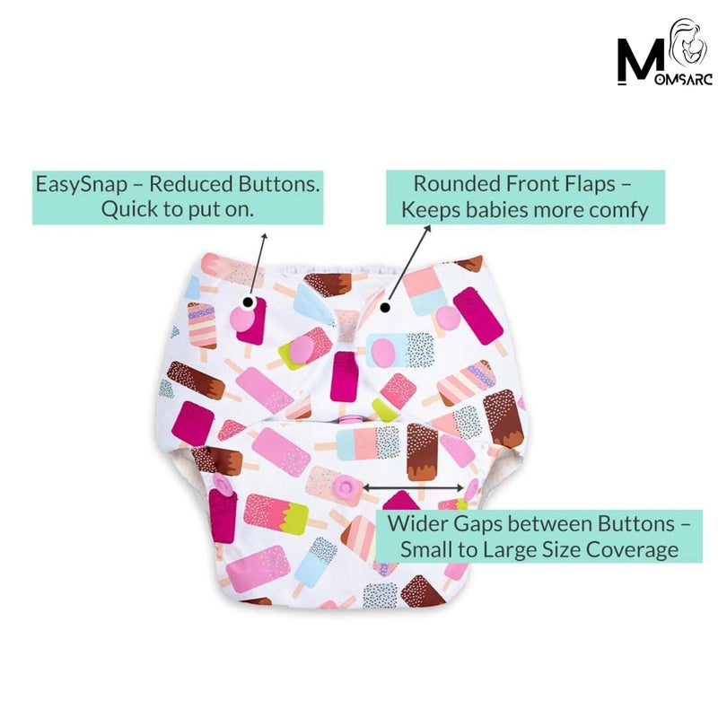 MOMSARC Baby Leakage Proof Reusable Cloth Diaper With 4 Layer High absorbent Pad + 3 Insert Pads, Reusable Nappies, Freesize for Kids 0-3 Yrs, Washable Diapers(Multicolur, Pack of 3) - Image 2
