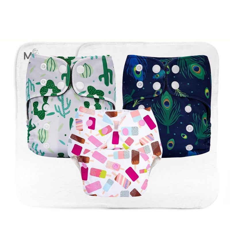 MOMSARC Baby Leakage Proof Reusable Cloth Diaper With 4 Layer High absorbent Pad + 3 Insert Pads, Reusable Nappies, Freesize for Kids 0-3 Yrs, Washable Diapers(Multicolur, Pack of 3) - Image 1