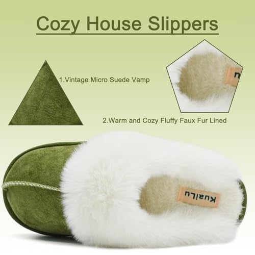 KuaiLu Womens Slippers, Fluff Dual Memory Foam Slippers Ladies Cozy Arch Support Warm Scuff Slippers Slip on Comfy Winter House Shoes with Non-Slip Indoor Outdoor Hard Sole Green 8 - Image 4