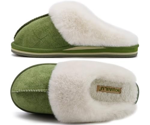KuaiLu Womens Slippers, Fluff Dual Memory Foam Slippers Ladies Cozy Arch Support Warm Scuff Slippers Slip on Comfy Winter House Shoes with Non-Slip Indoor Outdoor Hard Sole Green 8 - Image 1