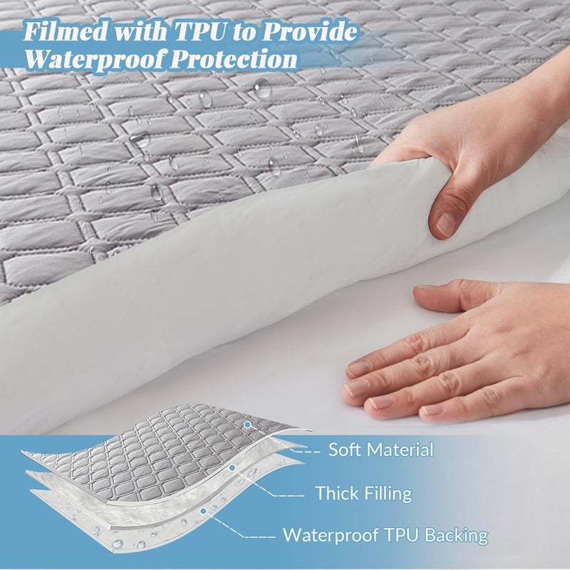 Highdi Mattress Protector Waterproof 160 x 200 cm, Grey Quilted Topper Mattress Topper, Washable, Breathable Mattress Cover (Stretchable to 27 cm) - Image 3