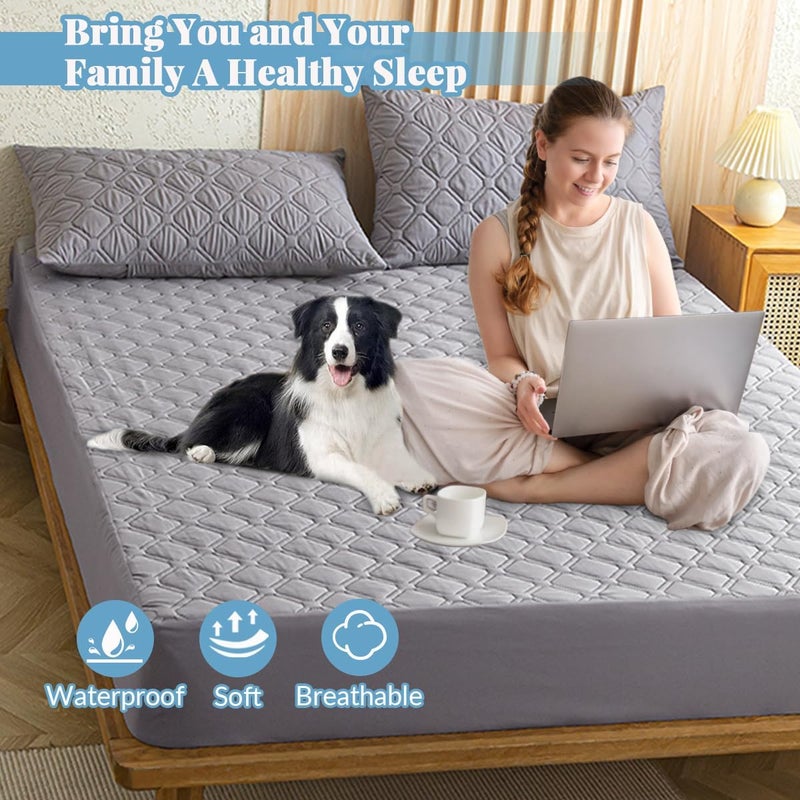 Highdi Mattress Protector Waterproof 160 x 200 cm, Grey Quilted Topper Mattress Topper, Washable, Breathable Mattress Cover (Stretchable to 27 cm) - Image 2