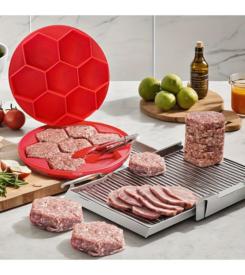 2pcs Set 7 Cavity Hexagon Meat Patties Silicone Mold Food Grade High Temperature Cake Bread Barbecue Reusable DIY Handmade Fried Baking Tool Pudding Jelly Candy Easy Clean Quick Demold Kitchen Supplies - Image 1