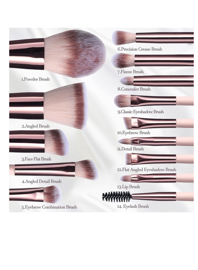 BS مول 14 Piece Makeup Brush Set With LED Lighted Mirror, Portable Professional Synthetic Nylon Cosmetic Brushes For Foundation Concealer Eyeshadow, Perfect Travel Beauty Kit And Gift For Women, Pink Rose Gold - Image 2