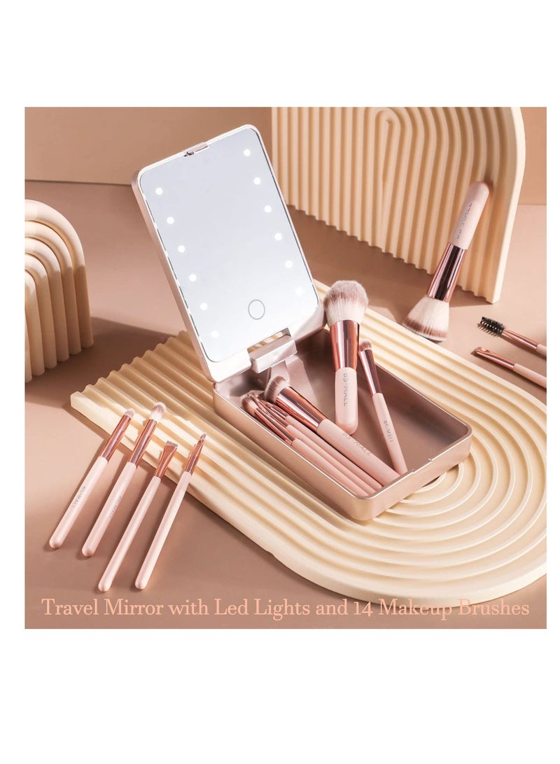 BS مول 14 Piece Makeup Brush Set With LED Lighted Mirror, Portable Professional Synthetic Nylon Cosmetic Brushes For Foundation Concealer Eyeshadow, Perfect Travel Beauty Kit And Gift For Women, Pink Rose Gold - Image 4