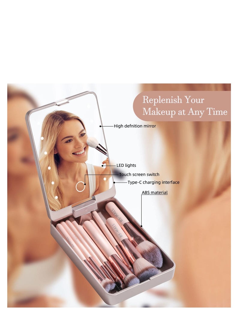 BS مول 14 Piece Makeup Brush Set With LED Lighted Mirror, Portable Professional Synthetic Nylon Cosmetic Brushes For Foundation Concealer Eyeshadow, Perfect Travel Beauty Kit And Gift For Women, Pink Rose Gold - Image 5