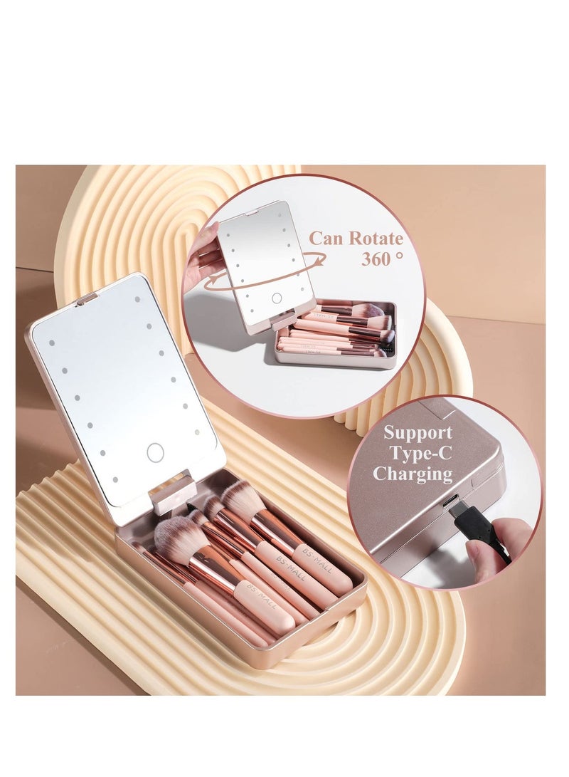 BS مول 14 Piece Makeup Brush Set With LED Lighted Mirror, Portable Professional Synthetic Nylon Cosmetic Brushes For Foundation Concealer Eyeshadow, Perfect Travel Beauty Kit And Gift For Women, Pink Rose Gold - Image 3