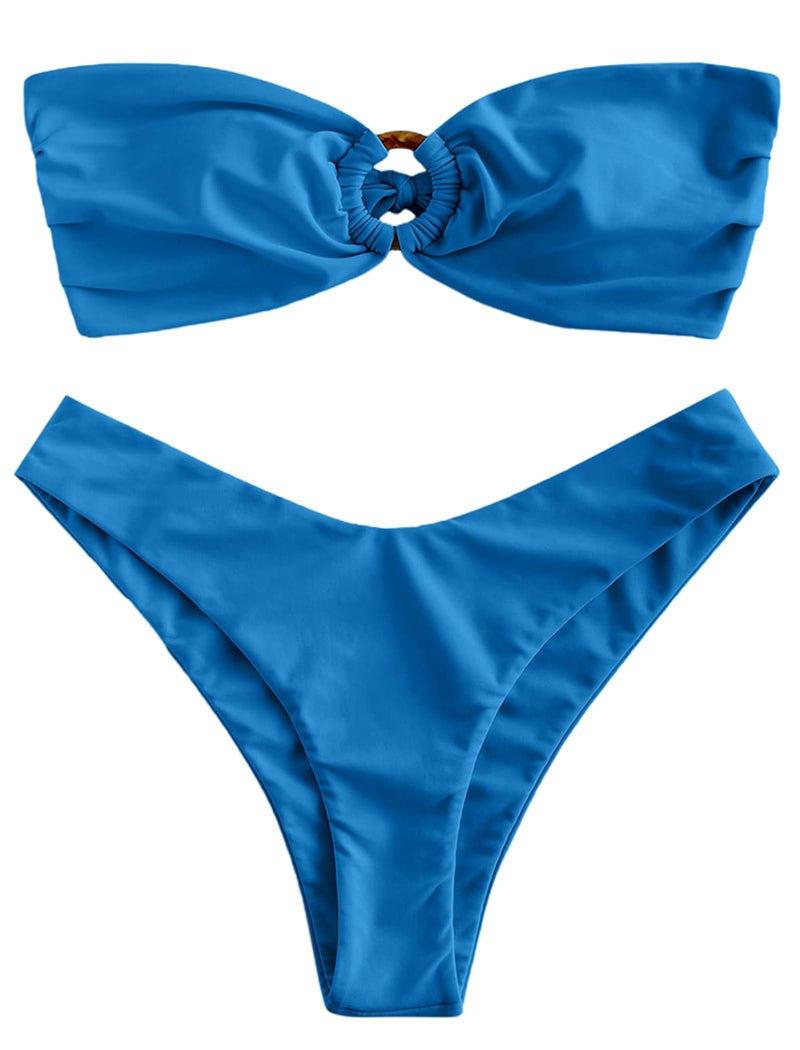 ZAFUL بيكيني زافول للنساء بدون حمالات مع حلقة O، تصميم قابل للتعديل، قص عالي، قطعتين، ملابس سباحة (0-أزرق داكن، M) - Image 1