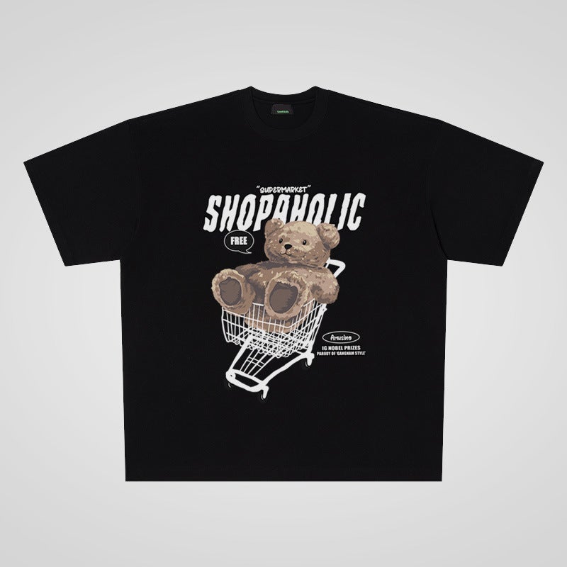 250g heavy cotton shopping cart Bear Street casual oversize large board short sleeve T-shirt men and women couple Fashion - Image 1