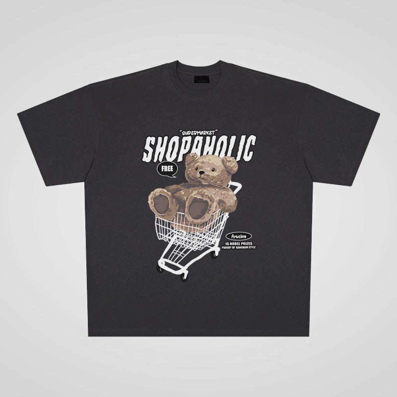 250g heavy cotton shopping cart Bear Street casual oversize large board short sleeve T-shirt men and women couple Fashion - Image 2
