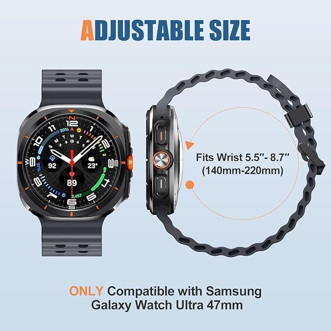 CERLINK Ocean Silicone Bands For Samsung Galaxy Watch 7 Ultra 47MM Band, Adjustable Breathable Soft Waterproof Strap For Galaxy Watch 7 Ultra (Dark Grey) - Image 5