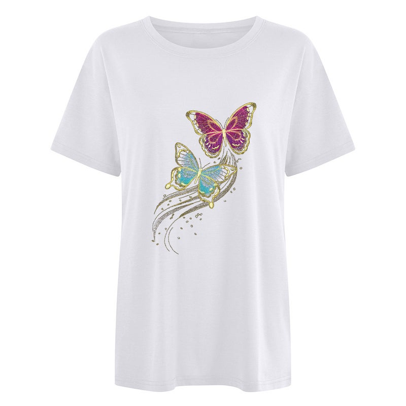 Cross-border Spring and Summer New Shoulder Women's Flying Color Butterfly Loose Round Neck Shoulder Short-sleeved T-shirt - Image 1