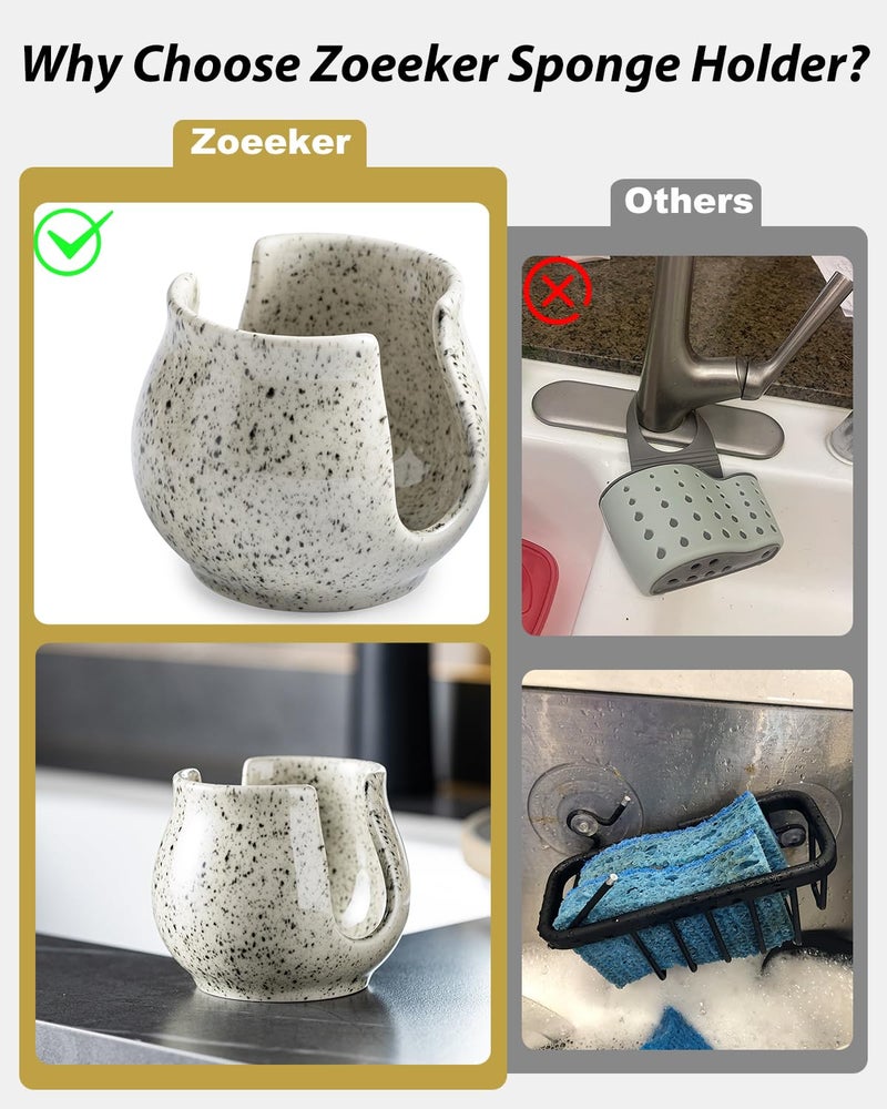 Zoeeker Sponge Holder for Kitchen Sink, Ceramic Dish Sponge Dish Rack Scrubby Caddy Kitchen Organizer Cute Sink Caddy Organizer, Farmhouse Decor, Speckled Glaze - Image 4