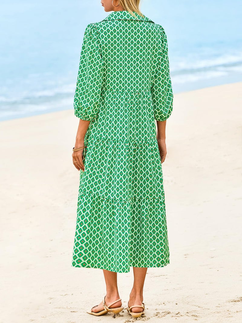 Wenrine Womens Casual Shirt Dress Floral 3/4 Sleeve Button Down V Neck Collared Loose Boho Beach Maxi Dresses A-Green - Image 4