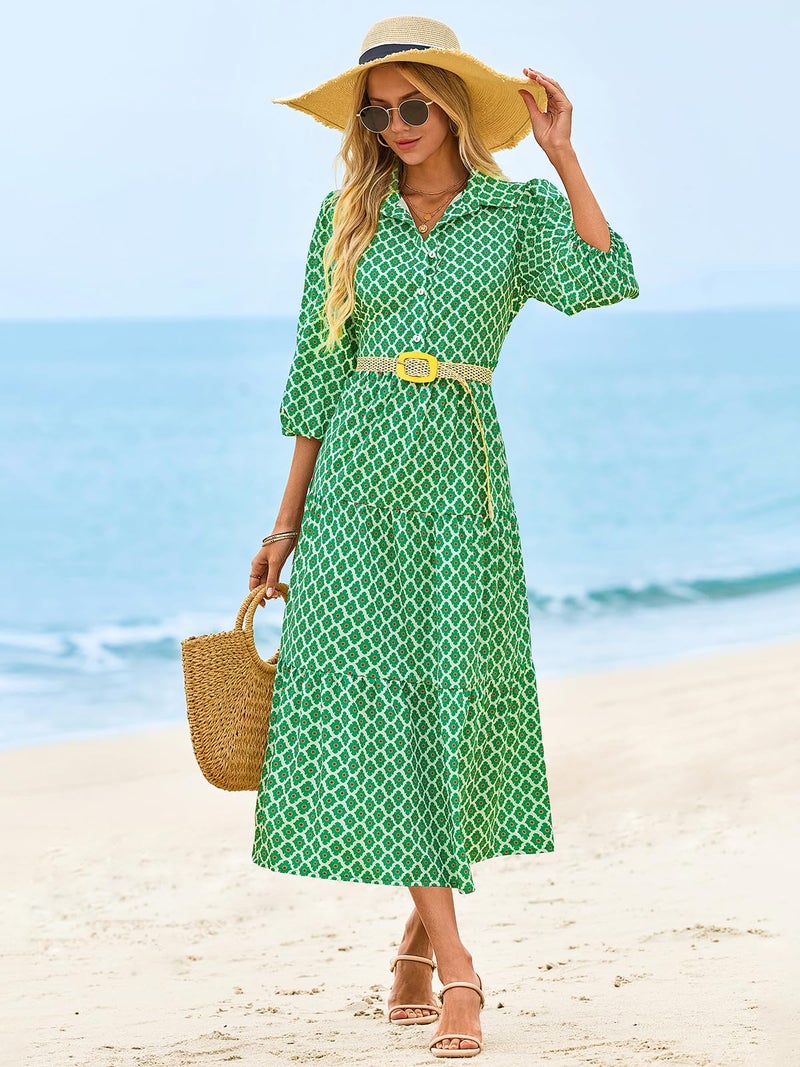 Wenrine Womens Casual Shirt Dress Floral 3/4 Sleeve Button Down V Neck Collared Loose Boho Beach Maxi Dresses A-Green - Image 5