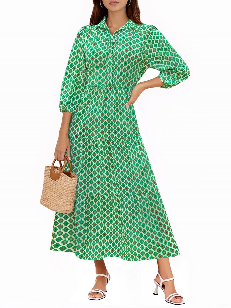 Wenrine Womens Casual Shirt Dress Floral 3/4 Sleeve Button Down V Neck Collared Loose Boho Beach Maxi Dresses A-Green - Image 1