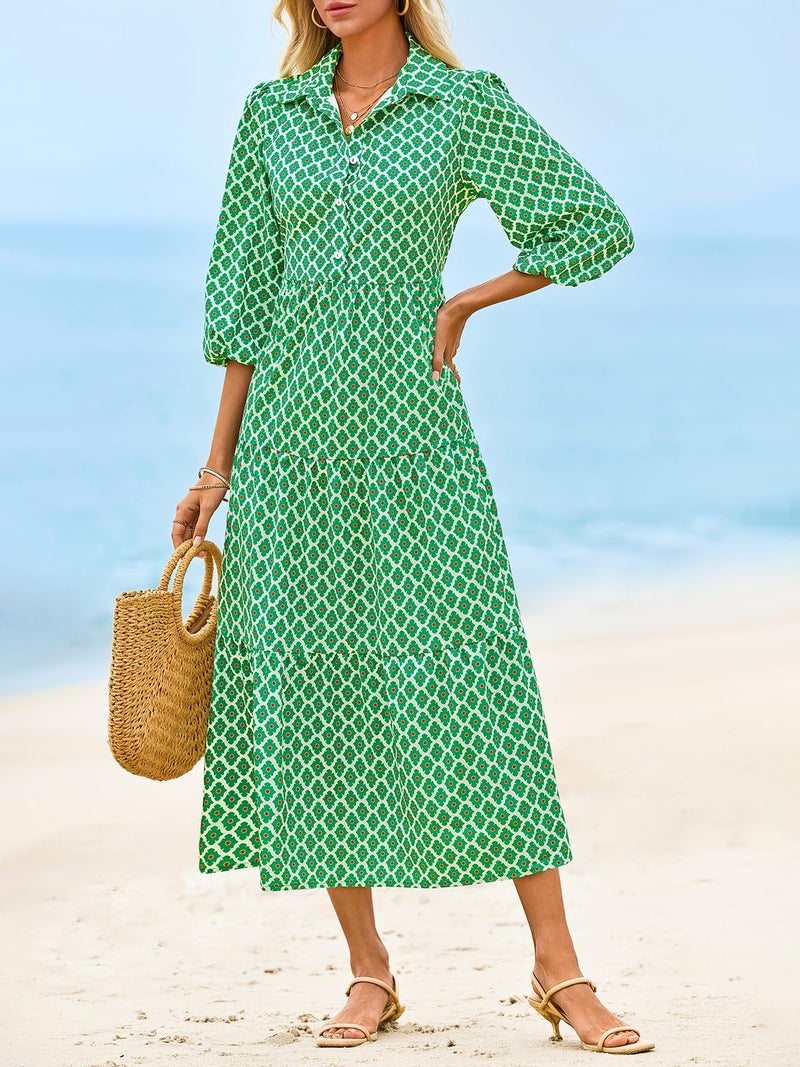 Wenrine Womens Casual Shirt Dress Floral 3/4 Sleeve Button Down V Neck Collared Loose Boho Beach Maxi Dresses A-Green - Image 3