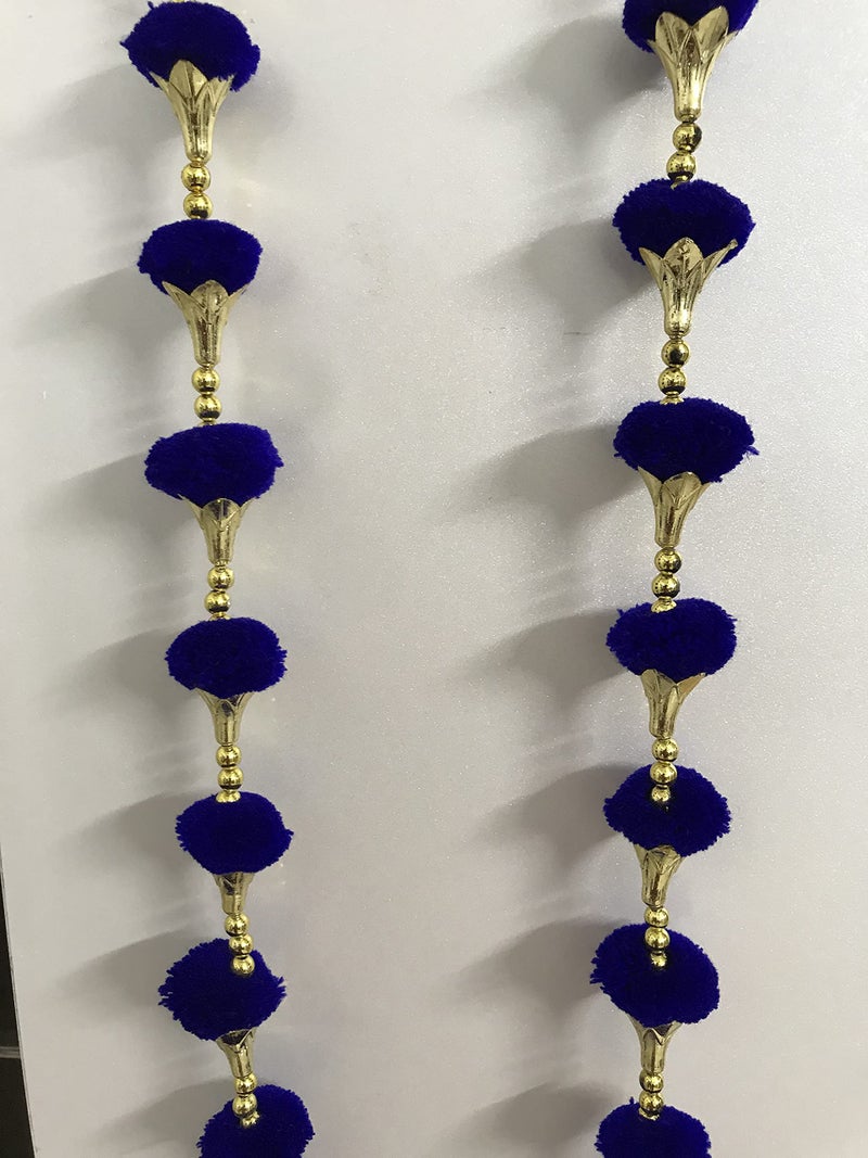 Aahum Handmade Wall Door Blue Color Pom Pom String with Golden Beads,Triangle Flowers Hanging Torans Garland Bandhwar Decoration Item for Home Décor Diwali Festival,Navratri,Wedding (3 FT 2 Strings) - Image 3