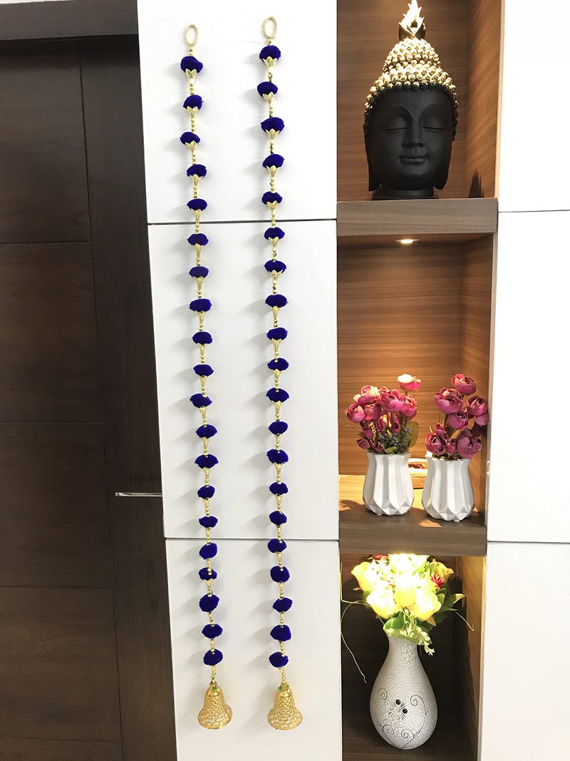 Aahum Handmade Wall Door Blue Color Pom Pom String with Golden Beads,Triangle Flowers Hanging Torans Garland Bandhwar Decoration Item for Home Décor Diwali Festival,Navratri,Wedding (3 FT 2 Strings) - Image 5