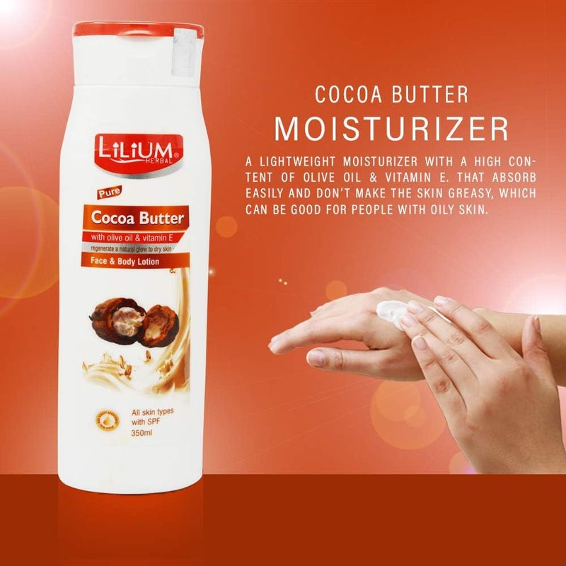 Lilium Cocoa Butter Face & Body Lotion 350ml, Hydrate & Natural Glow, Moisturization, Anti-Aging, Soothing, Antioxidant Defense, Non-Greasy, Radiant Skin, All Skin Type With SPF - Image 3