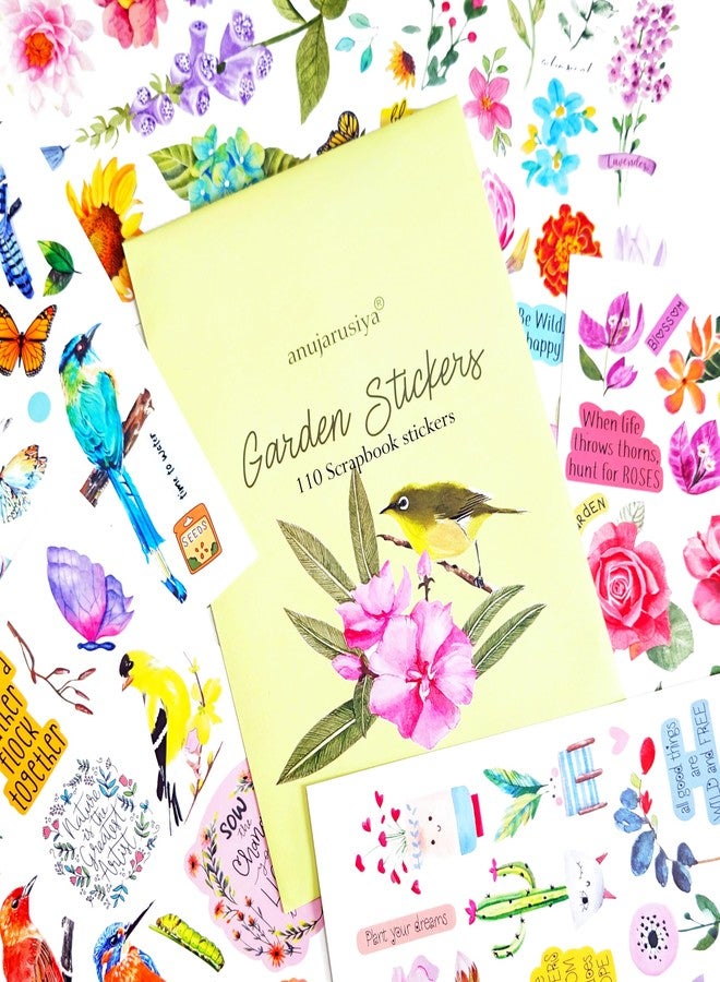 anujarusiya Matte Laminated Garden Stickers - 110+ Floral, Bird & Quote Stickers for Scrapbooks, Journals, Planners, Self-Adhesive Paper, Craft Supplies - Image 1