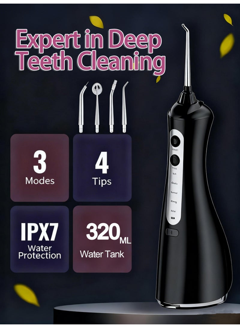 مُرشَّح أسنان مُشيل لابسلكي محمول – 4 أوضاع تنظيف و4 فوهات نزول الماء | مقاوم للماء IPX7 – لون أسود (320 مل) - Image 1