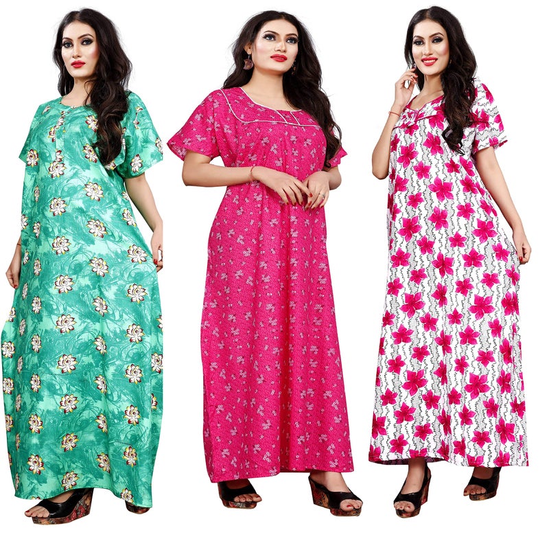 NEGLIGEE Women's Cotton Printed Maxi NightGown Nighty for Women Ankle Length Night Dress - Pack Of 3 (Free Size, Multi Colour) - Image 1