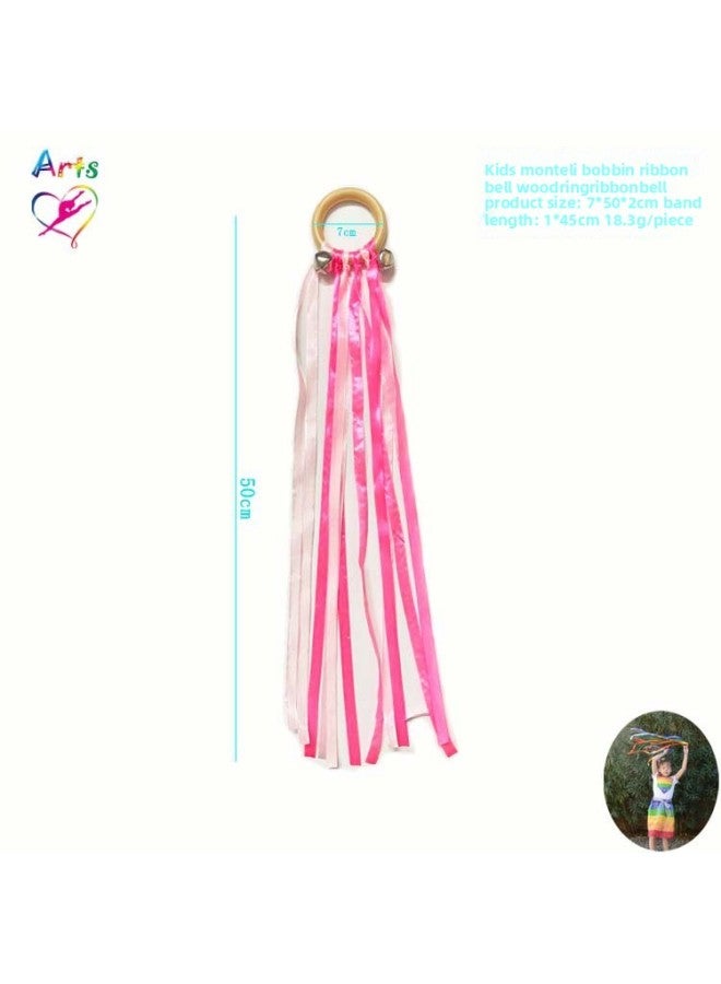 Children Monterey Shuttle Wooden Circle Ribbon Bell Rainbow Circle Educational Toys Wooden Toys Molar Circle Wooden Ring-Color:Macaron Two-color Bell (pink)  - Image 1