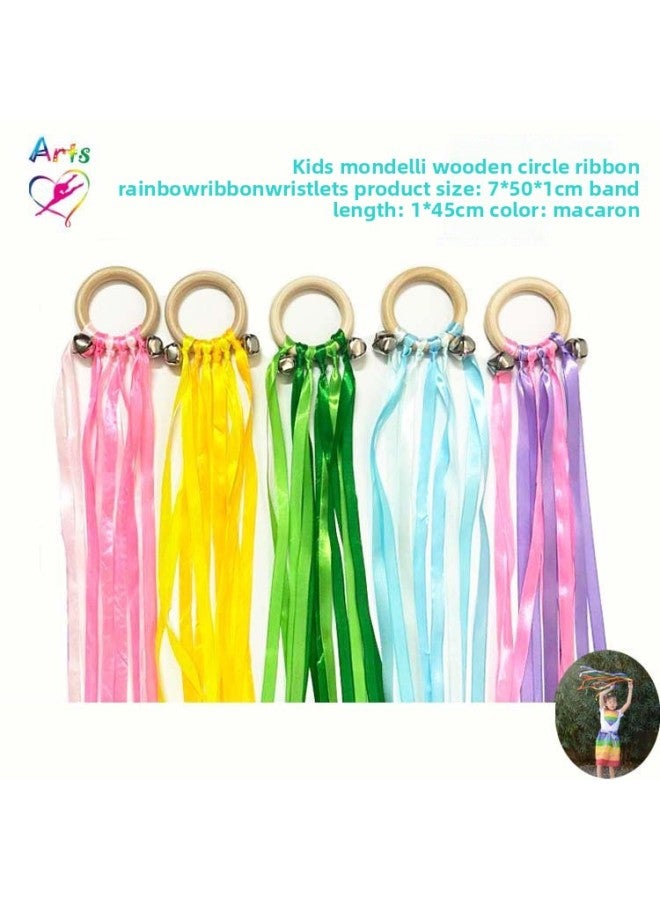 Children Monterey Shuttle Wooden Circle Ribbon Bell Rainbow Circle Educational Toys Wooden Toys Molar Circle Wooden Ring-Color:Macaron Two-color Bell (pink)  - Image 3