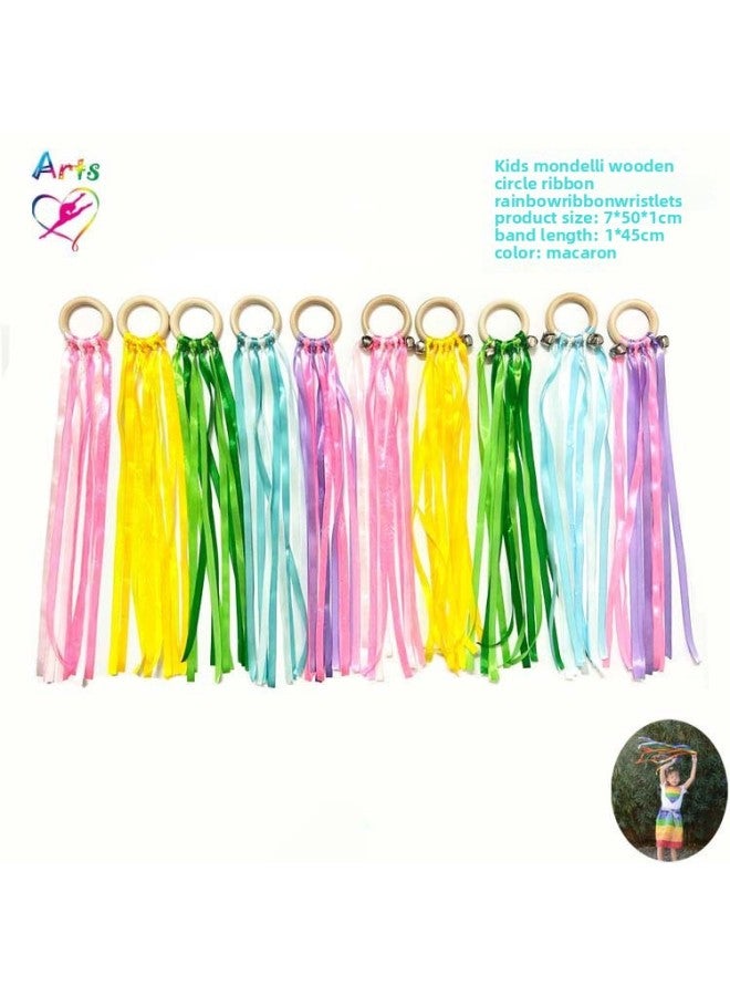 Children Monterey Shuttle Wooden Circle Ribbon Bell Rainbow Circle Educational Toys Wooden Toys Molar Circle Wooden Ring-Color:Macaron Two-color Bell (pink)  - Image 2