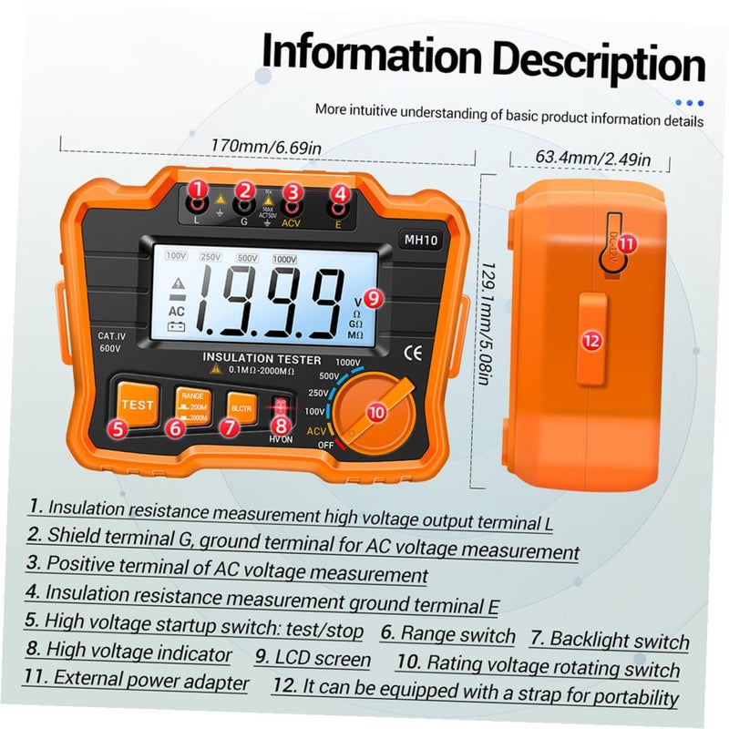 Cabilock Digital Insulation Resistance Tester Megohmmeter with Backlight LCD Automatic Voltage Release Variable Output for Generator Motor Cable Electrical Equipment Testing Portable Safe - Image 2
