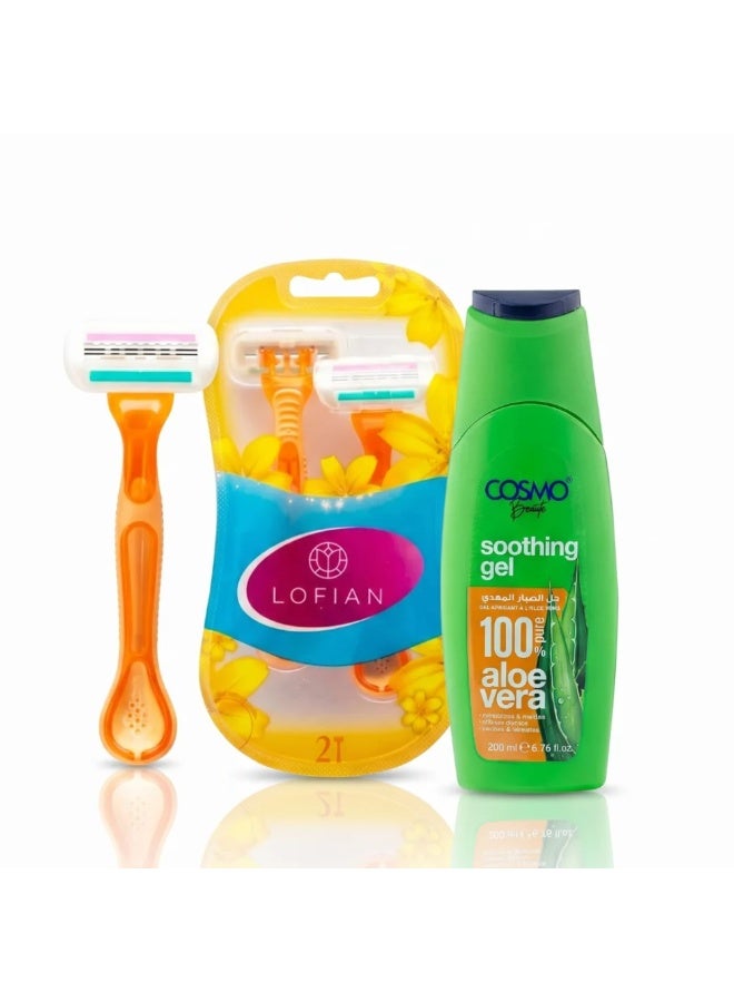 LOFIAN Women's Shaving Razors, 2 Pieces & Aloe Vera Soothing Gel 200 Ml Bundle - Image 1