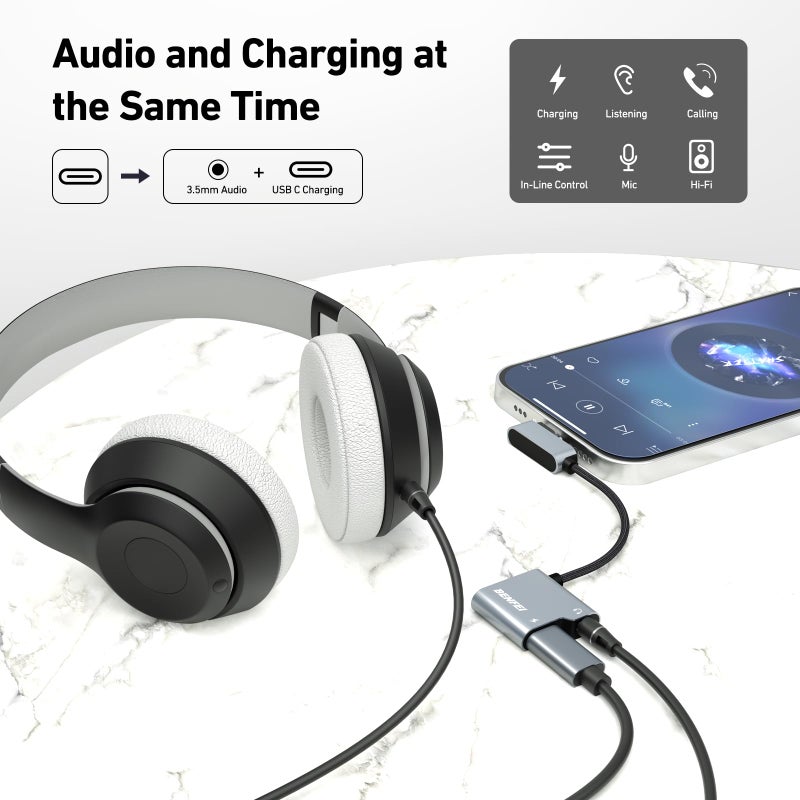 BENFEI USB C to Audio Jack Adapter with 60W Fast Charging, USB-C to 3.5mm Female Headphone Compatible with iPhone 15 Pro Max/15 Pro/15, Samsung Galaxy S24/S23/S22/S21 Ultra, iPad Pro, Pixel 8 Grey - Image 2