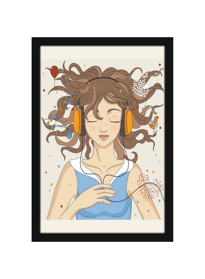 Mad Masters Pretty Girl Listeing Music on Headphones Beautiful Woman Painting Photo Frame for Living Room, Bedroom, Home Decor and Wall Decoration (MM 1036, 8x12 Inch, Paper, Without Plexi Glass) - Image 1