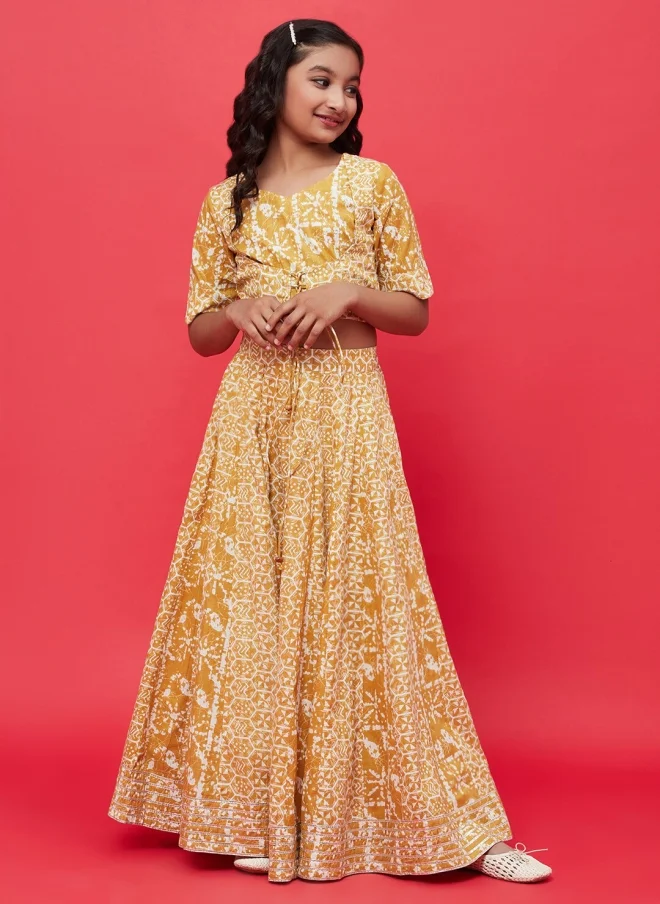 AKS Mustard Printed Lehenga Choli Set for Girls