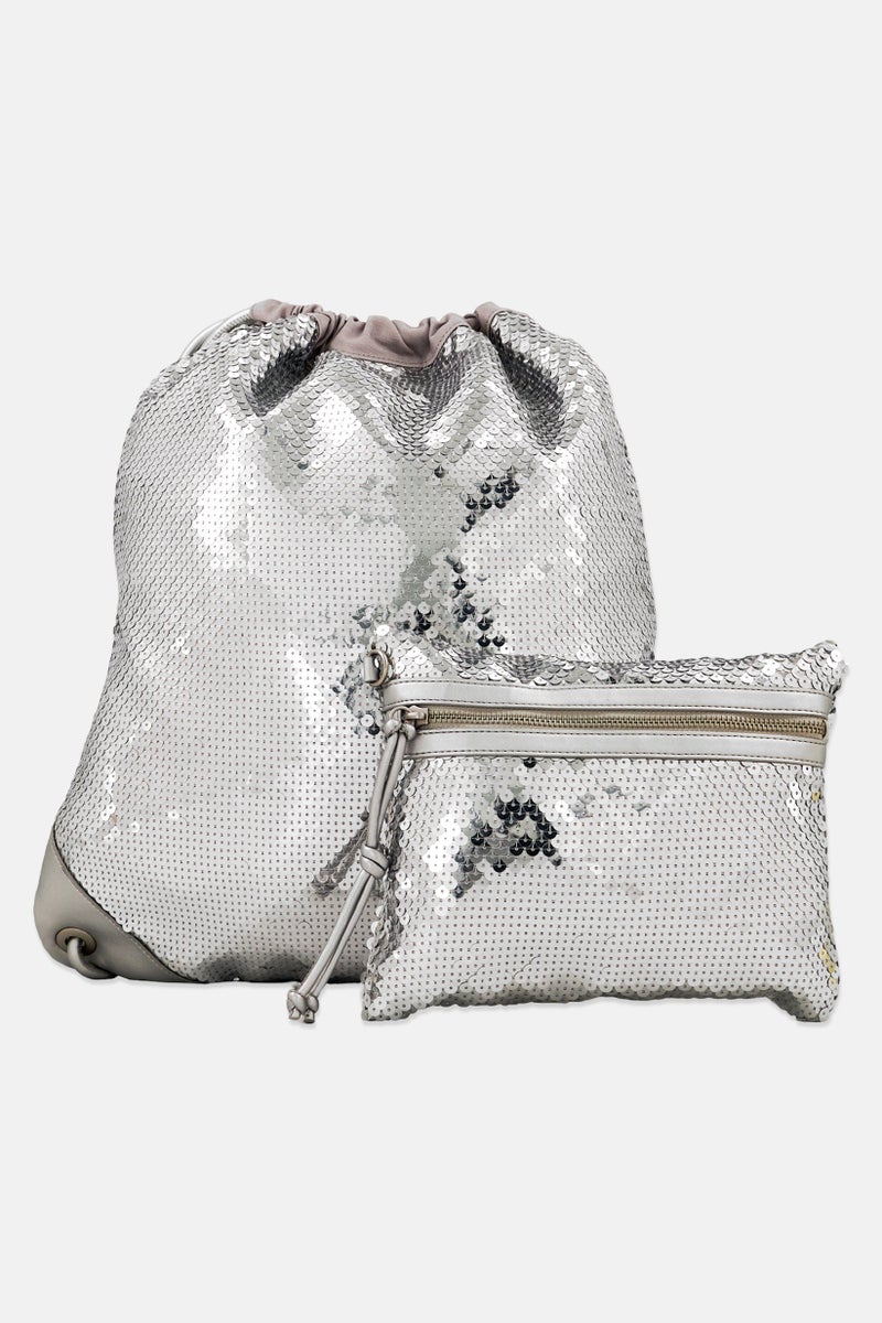 ESPRIT Women Sequenced Drawstring Backpack With Pouch, Silver  - Image 1