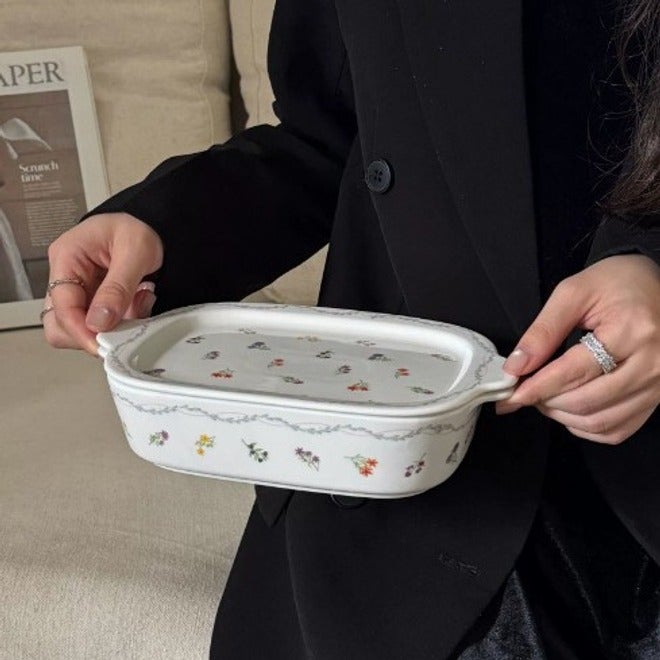 French Luxury Blue Bow Floral Baking Rectangular Ceramic Tray with Lid
