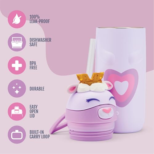 Ello Ellies 12oz Vacuum Insulated Stainless Steel Kids Water Bottle with Straw and Builtin Carrying Handle and LeakProof Locking Lid for School Backpack Lunchbox and Outdoor Sports Lamb Princess - Image 3