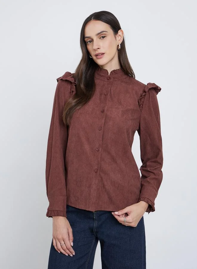 Styli Styli Textured Relaxed Fit Buttoned Shirt with Frill Detail