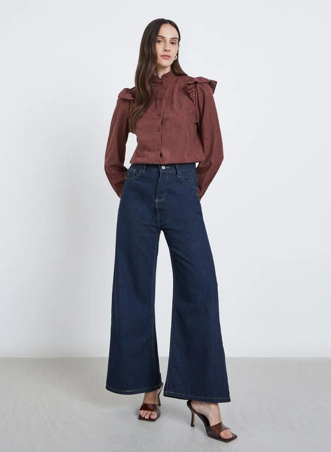Styli Styli Textured Relaxed Fit Buttoned Shirt with Frill Detail