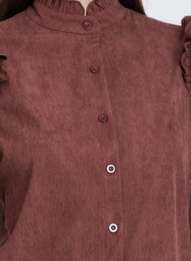 Styli Styli Textured Relaxed Fit Buttoned Shirt with Frill Detail