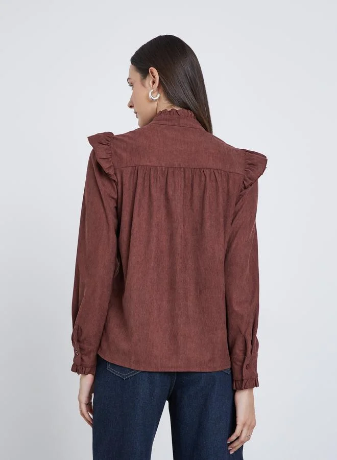 Styli Styli Textured Relaxed Fit Buttoned Shirt with Frill Detail