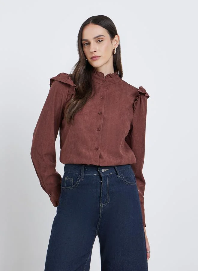 Styli Styli Textured Relaxed Fit Buttoned Shirt with Frill Detail