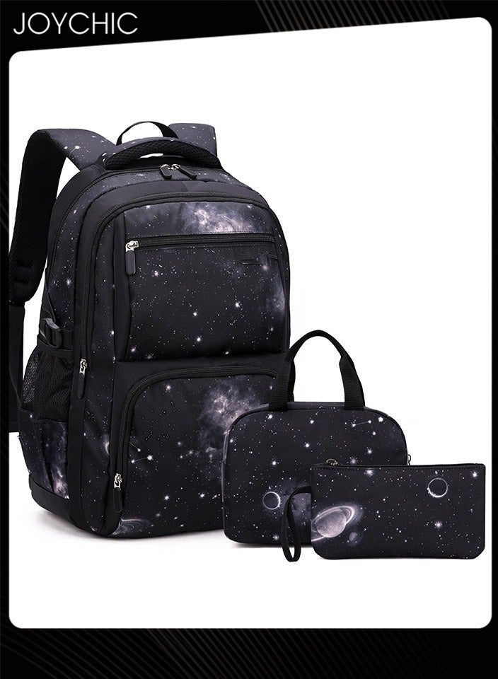 Casual Primary Junior  School Backpacks Durable Lightweight Bookbag Breathable Daypack Set Space Starry Sky Knapsack with Lunch Bag - Image 1
