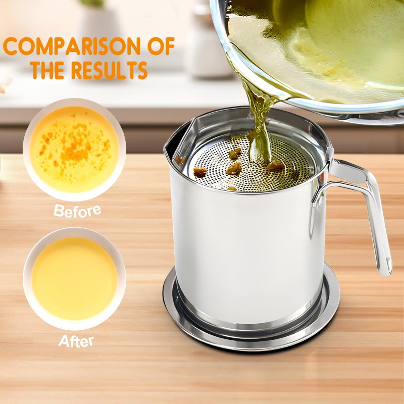 Chihee Grease Container Stainless Steel Bacon Grease Saver with Fine Mesh Strainer 2L / 67.6 fl oz Oil Container Grease Can with Dust-proof Lid Non-slip Tray for Kitchen Storing Frying Cooking Grease - Image 3
