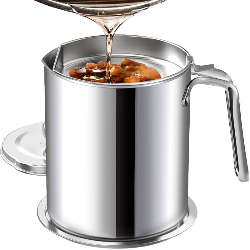 Chihee Grease Container Stainless Steel Bacon Grease Saver with Fine Mesh Strainer 2L / 67.6 fl oz Oil Container Grease Can with Dust-proof Lid Non-slip Tray for Kitchen Storing Frying Cooking Grease - Image 1