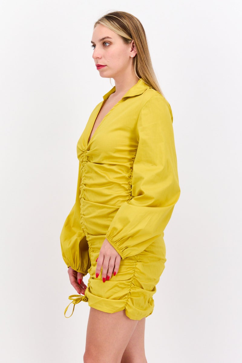 FEMME LUXE فستان ميني مزخرف بسيط للنساء، أصفر - Image 4