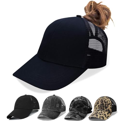 Bocianelli Criss Cross Hat Washed Distressed Baseball Cap Ponytail Hat High Messy Bun Ponycap for Women (BlackMesh) - Image 1