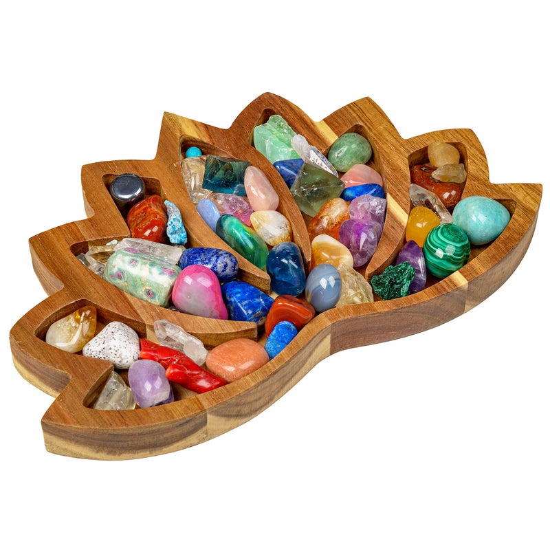 Curawood Curawood Lotus Crystal Display Tray  Showcase Your Gems Healing Stones  Treasures  11x7 Wooden Rock Bowl Crystal Holder for Stones Display Shelf Gemstone Rock Holder Charging Bowl Horizon 