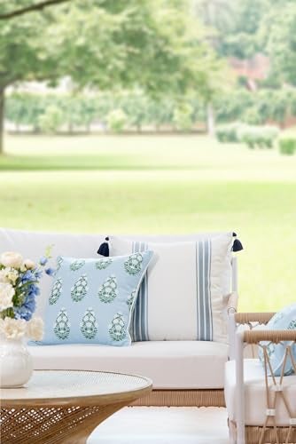 Hofdeco Premium Coastal Patio Indoor Outdoor Throw Pillow Cover Only 18x18 Water Repellent for Backyard Couch Baby Blue White Green Floral with Piping - Image 3